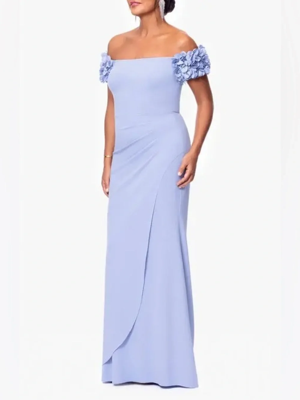 NWT Xscape Off The Shoulder Ruffle Scuba Crepe Gown Dress Periwinkle Purple 4